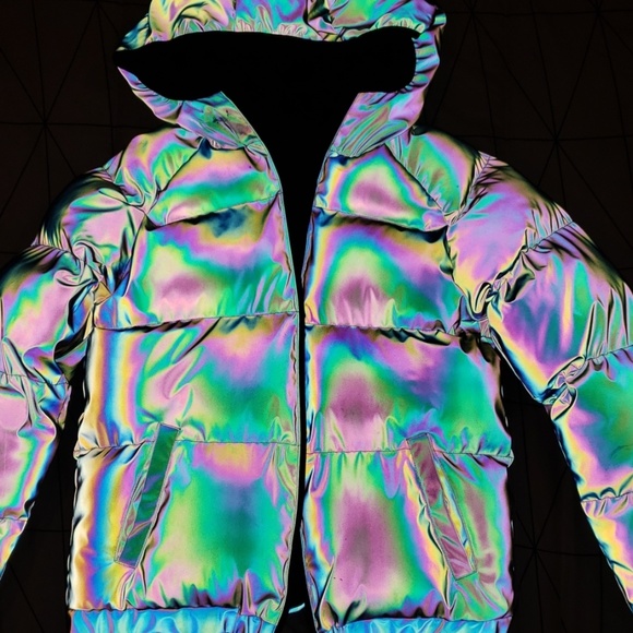 iridescent reflective puffer jacket